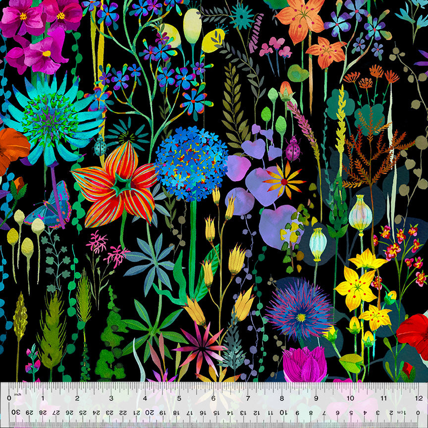 Flora black with ruler gardenia by sally kelly for windham fabrics available at 2 sew textiles art quilt supplies