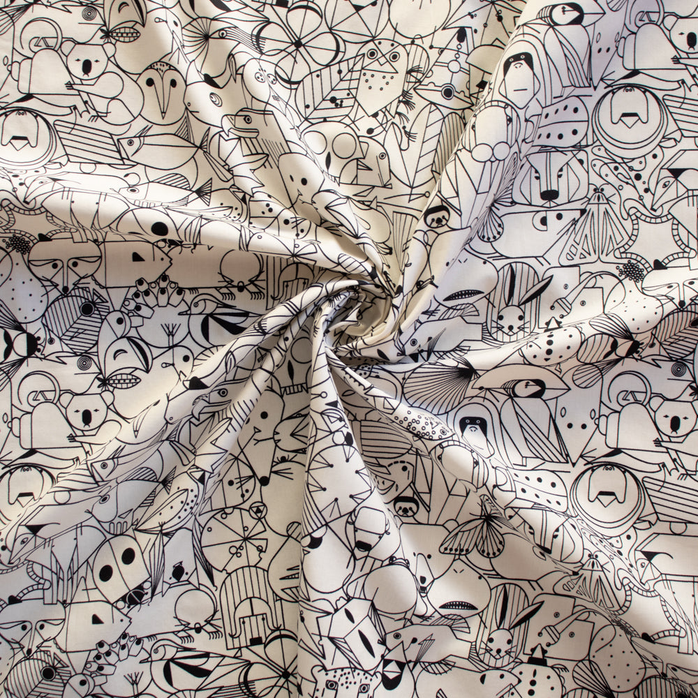 Picture of fabric coiled so show designs Charley Harper best of volume 2 - end papers fabric in natural (black and white) great little animals each artfully designed available at 2 sew textiles art quilt supplies