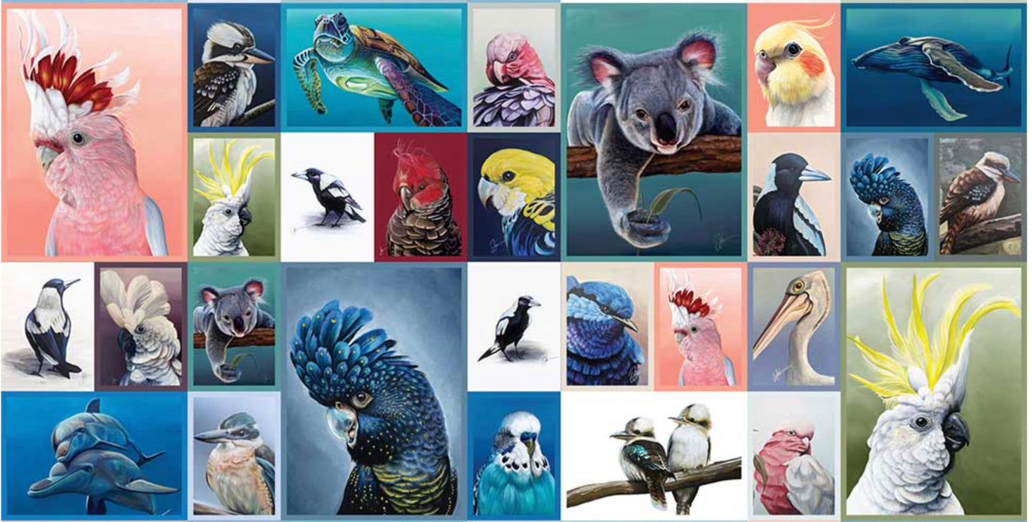 Chris Riley Australian Animal and bird art fabric panel - quilting & craft cotton - great for placemats, quilts, table runners - great gift