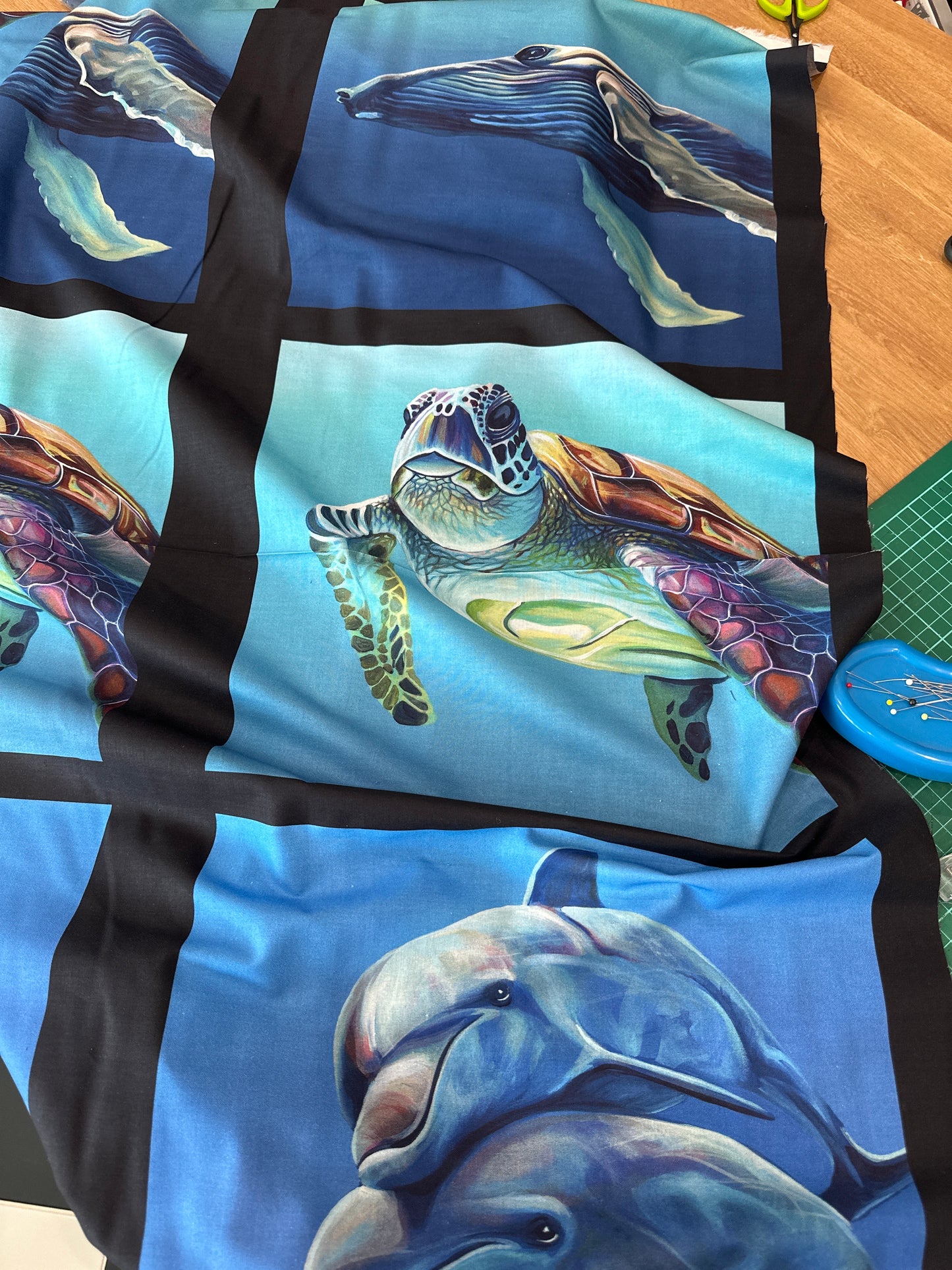 Chris Riley Australian Ocean Animal art fabric panel - Whale Dolphin Turtle - quilting & craft cotton - great for placemats, quilts, table runners - great gift