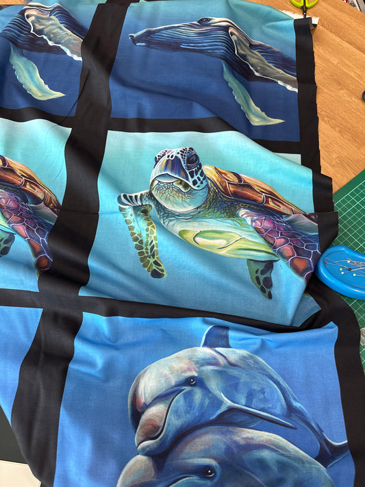 Chris Riley Australian Ocean Animal art fabric panel - Whale Dolphin Turtle - quilting & craft cotton  - great for placemats, quilts, table runners - great gift