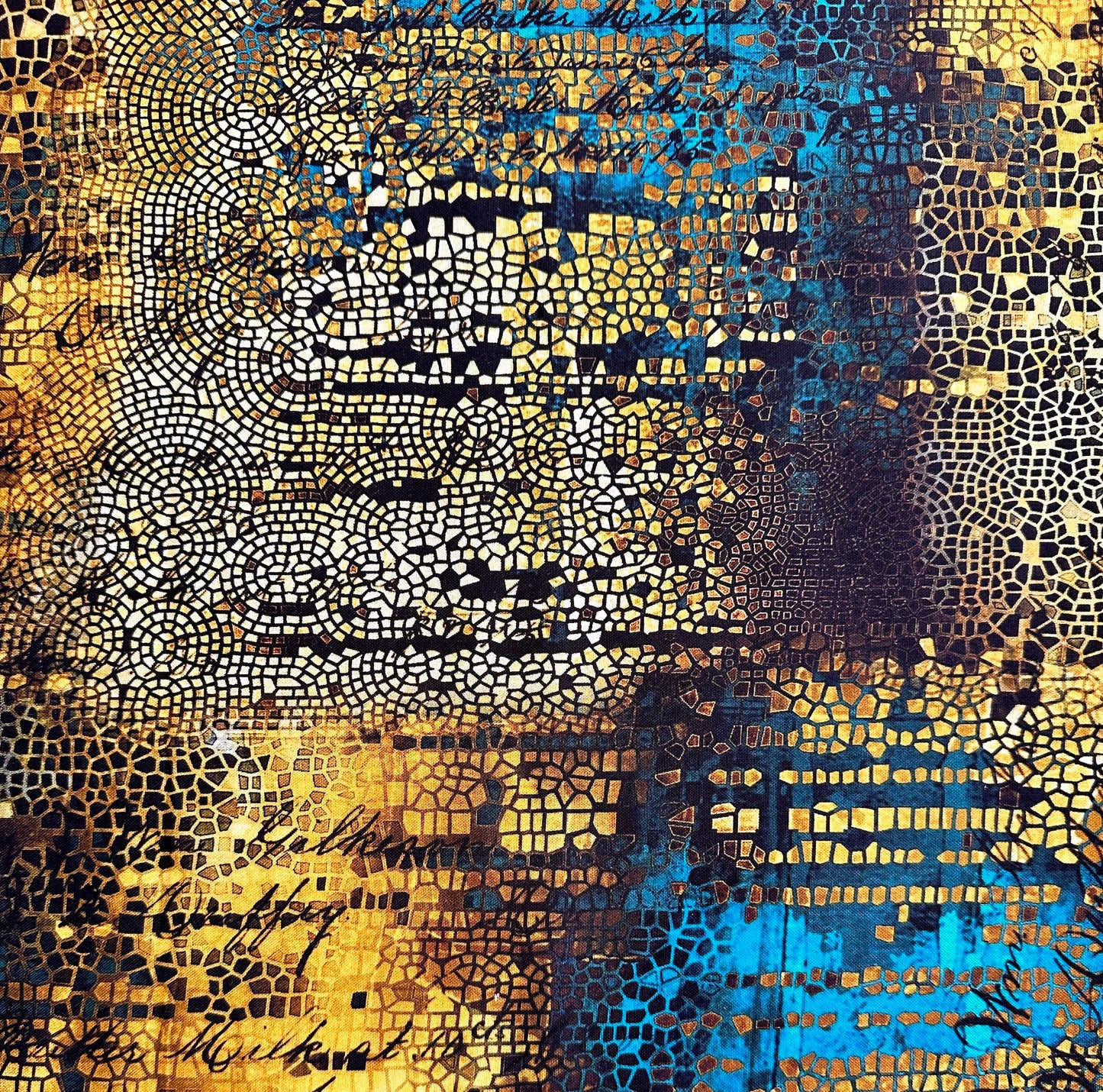 Tim Holtz Abandoned - Gilded Mosaic blues and golds with text and mosaic pattern. For Free spirit Fabrics PWTH140 GOLD at 2 sew textiles art quilt supplies