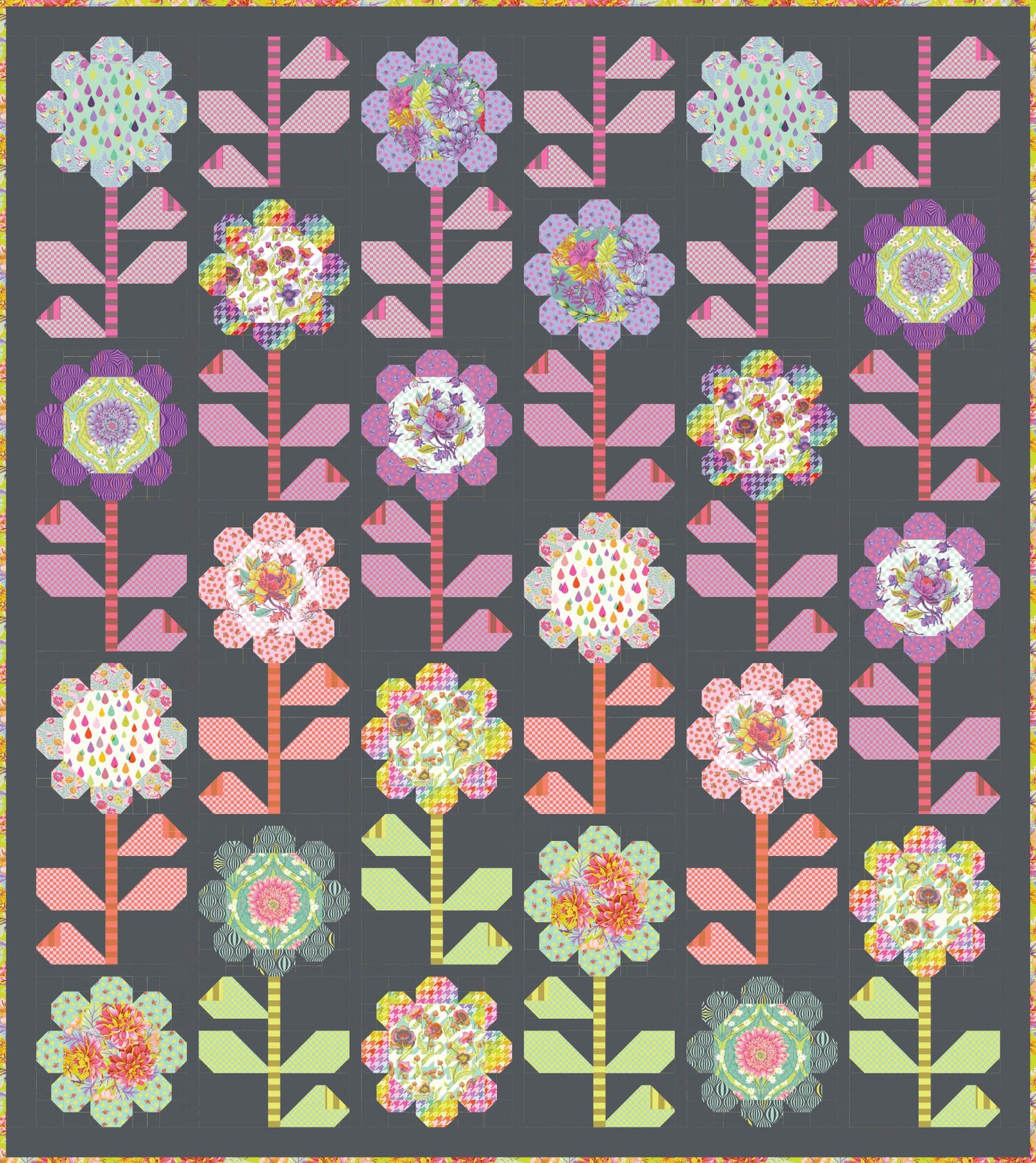 Tula pink free Pattern available at 2 sew textiles art quilt supplies of colorful flowers on a gray background
