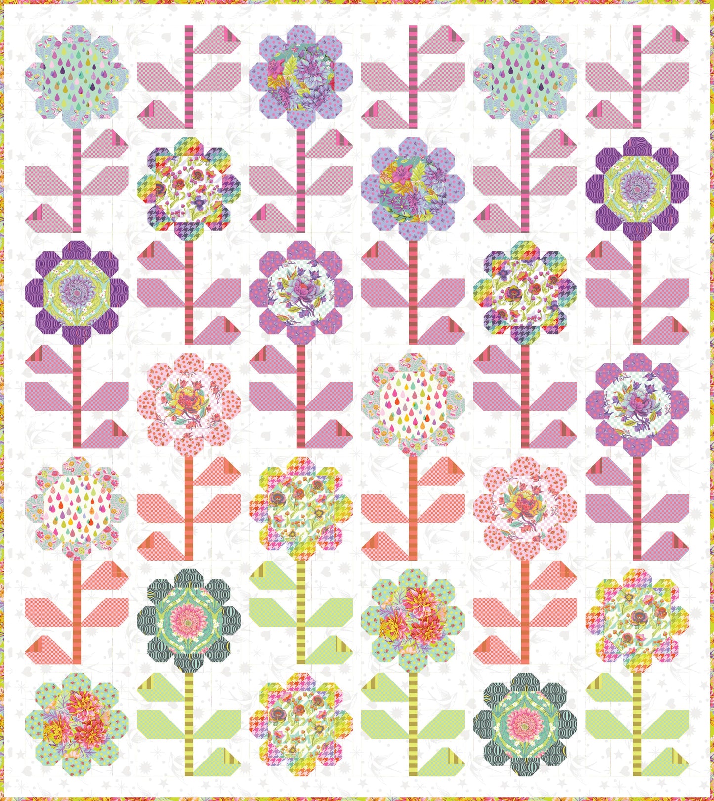 Tula pink free Pattern available at 2 sew textiles art quilt supplies Pattern of colorful flowers on a white background