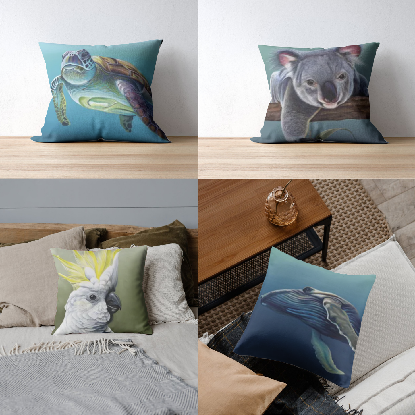 Chris Riley Australian Animal art fabric panel - Pelican Koala Cockatoo - quilting & craft cotton - great for placemats, quilts, table runners - great gift