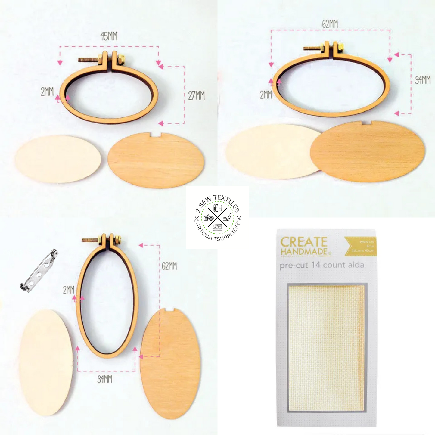 Create your own fabric and stitched jewellery! Set of 3 Mini Embroidery Hoops & Aida cloth - Beginner friendly - Quick Easy Fun Gifts