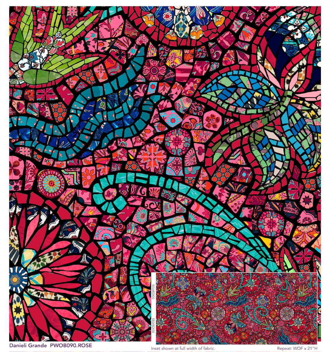 daniele grande rose PWOB090.ROSE Murano collection by Odile Bailloeul inspired mosaics and marble, animals with flowers and cracked floors of palaces and castles. reds blues teals and greens available at 2 sew textiles art quilt supplies