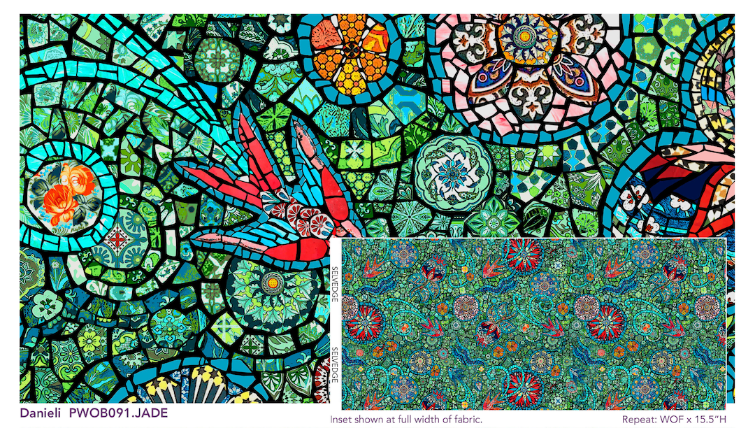 DANIELE JADE Murano collection by Odile Bailloeul inspired mosaics and marble, animals with flowers and cracked floors of palaces and castles. reds blues teals and greens available at 2 sew textiles art quilt supplies