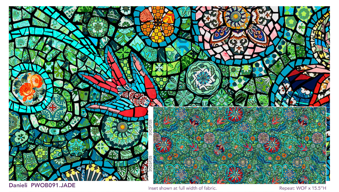 DANIELE JADE Murano collection by Odile Bailloeul inspired mosaics and marble, animals with flowers and cracked floors of palaces and castles.  reds blues teals and greens  available at 2 sew textiles art quilt supplies