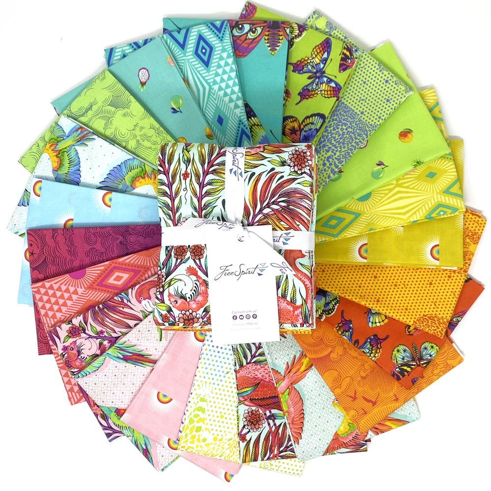 Fabric layout Daydreamer 22pc fat quarter stack by Tula Pink for FreeSpirit fabrics at 2 Sew Textiles art quilt supplies