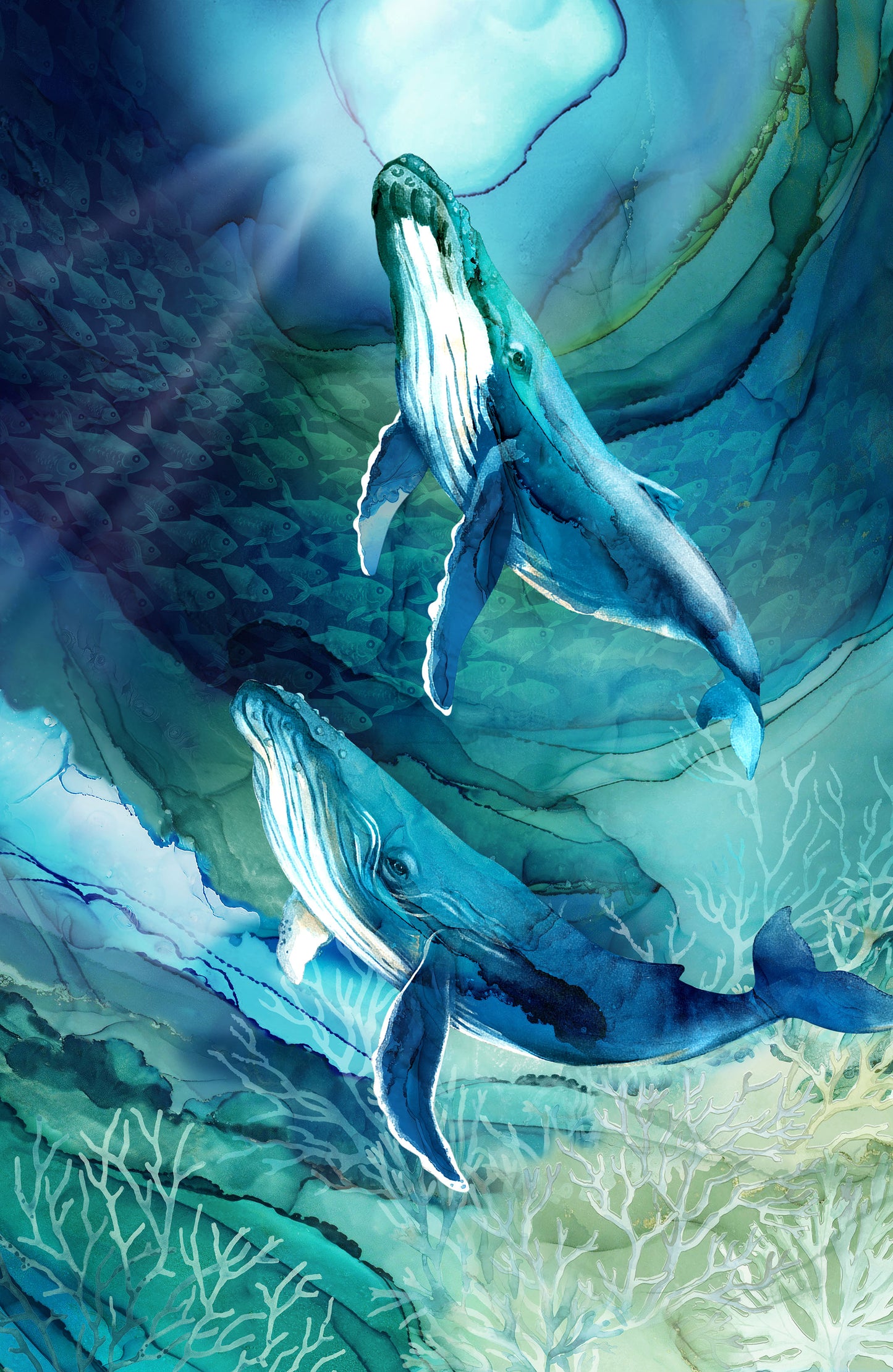 Deep Blue fabric collection - Humpback Whales Swimming - Panel and Fabrics