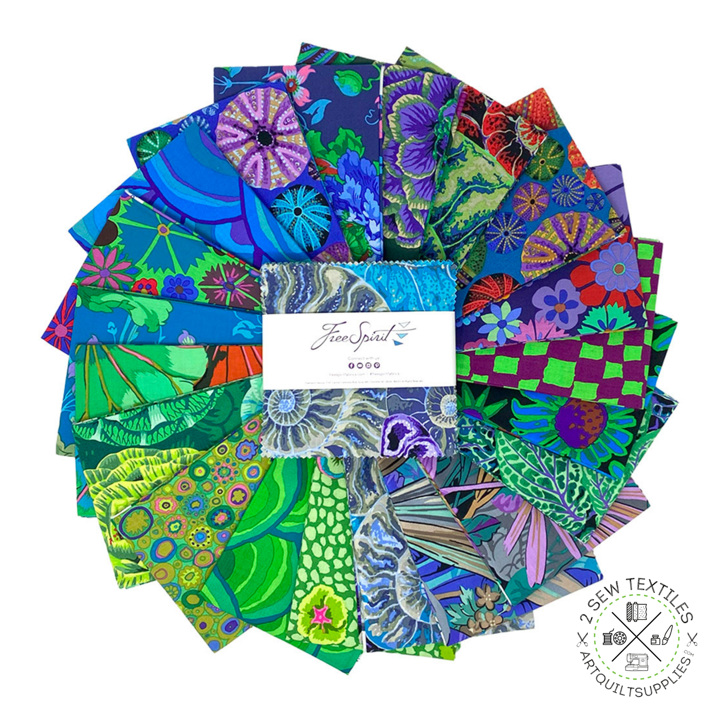 5" inch charm square fabric layout bundle August 2024 COOL - 42 pc Quilting Fabric Bundle - Kaffe Fassett Collective for FreeSpirit - available at 2 sew textiles art quilt supplies .com