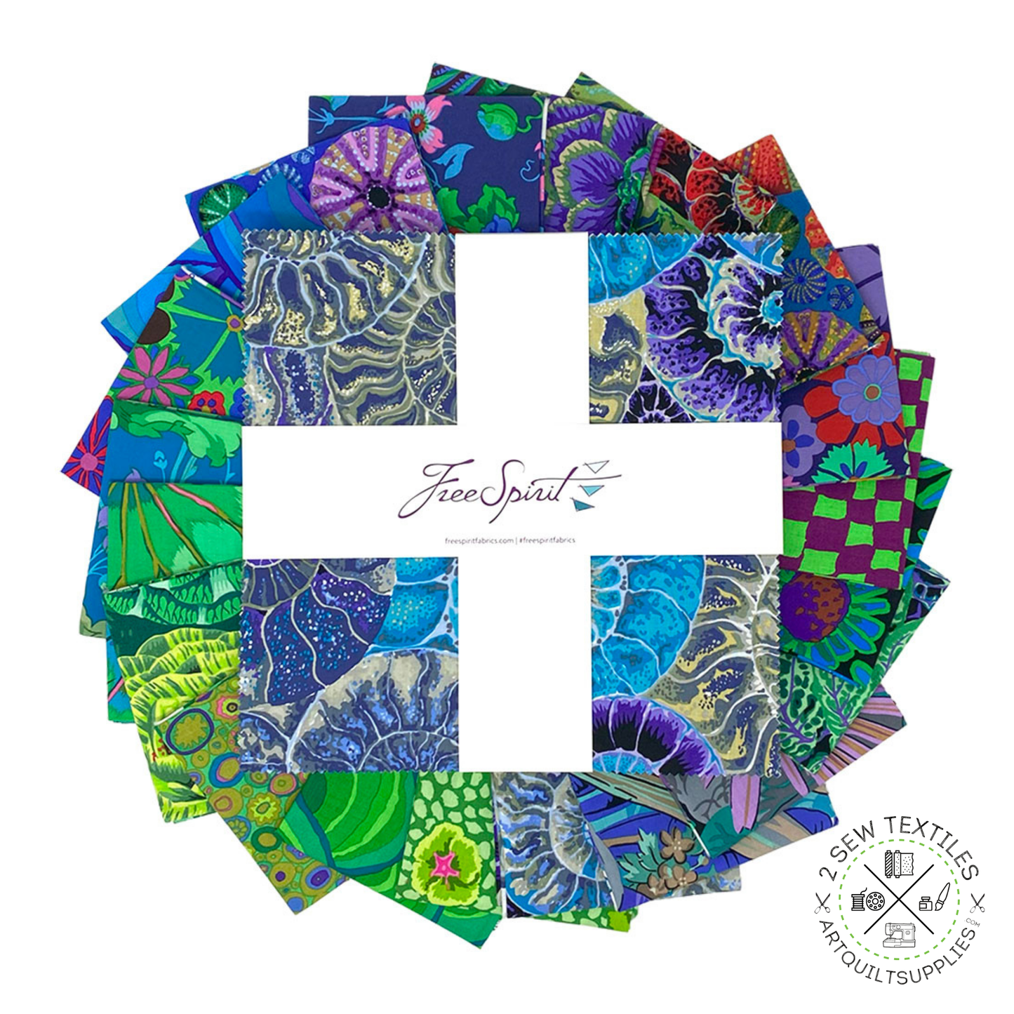 10" inch layer cake square fabric layout bundle August 2024 COOL - 42 pc Quilting Fabric Bundle - Kaffe Fassett Collective for FreeSpirit - available at 2 sew textiles art quilt supplies .com