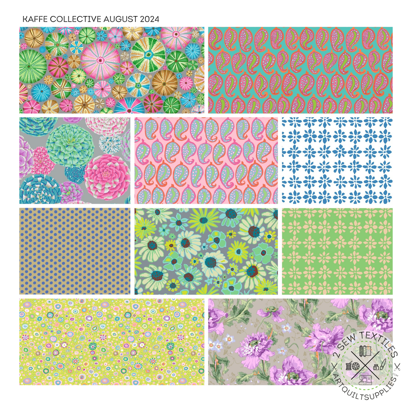 fabric layout bundle August 2024 Light - 10 pc Fat Quarter Quilting Fabric Bundle - Kaffe Fassett Collective for FreeSpirit - FB4FQGP.Aug24LIGHT available at 2 sew textiles artquiltsupplies.com