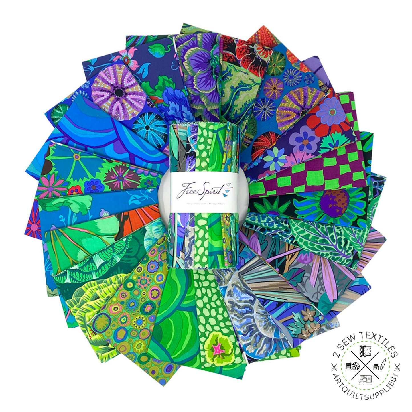 5" inch charm square fabric layout bundle August 2024 COOL - 242 pc Quilting Fabric Bundle - Kaffe Fassett Collective for FreeSpirit - available at 2 sew textiles art quilt supplies .com