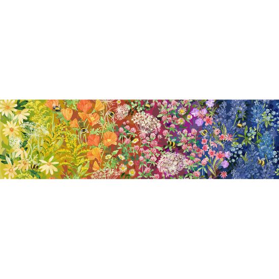 full view Wild Blossoms with a rainbow of colour, bees and flowers and foliage across the width. By Robin Pickens for Moda Fabric at 2 Sew Textiles Art Quilt Supplies