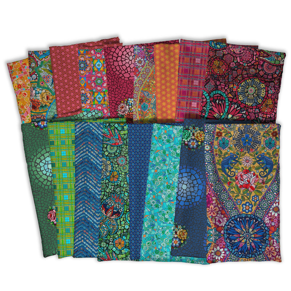 COLLECTION Murano collection by Odile Bailloeul inspired mosaics and marble, animals with flowers and cracked floors of palaces and castles. reds blues teals and greens available at 2 sew textiles art quilt supplies