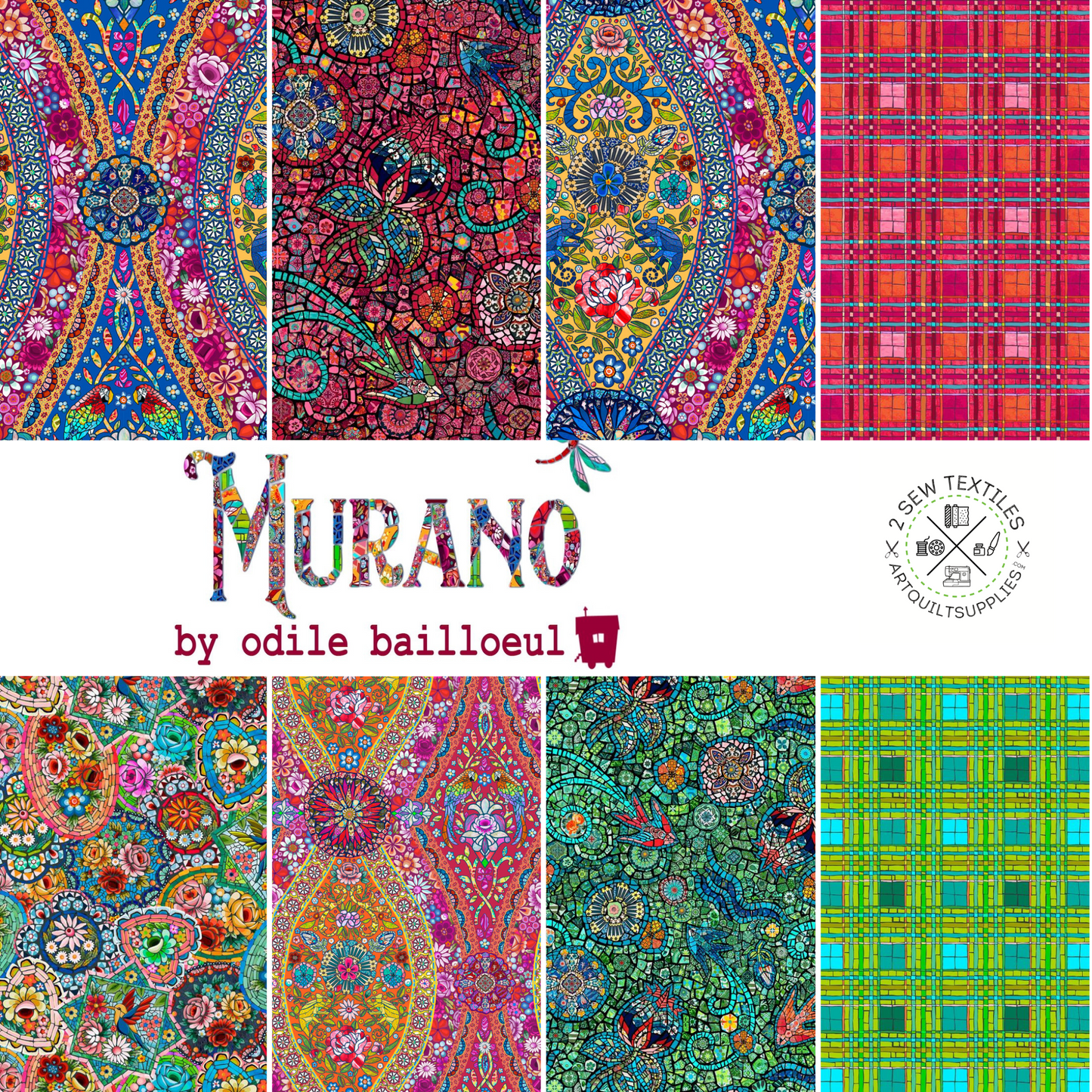 Murano collection by Odile Bailleoul featuring beautiful colours reflecting mosaic floors and stained glass church windows with hidden animals like dragon flies and chameleons and birds. available at 2 Sew Textiles - art quilt supplies