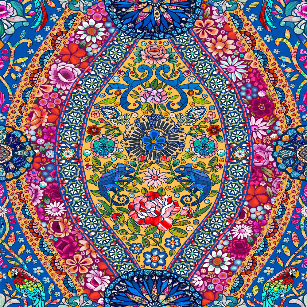 PALAZZIO MARINE Murano collection by Odile Bailloeul inspired mosaics and marble, animals with flowers and cracked floors of palaces and castles. reds blues teals and greens available at 2 sew textiles art quilt supplies