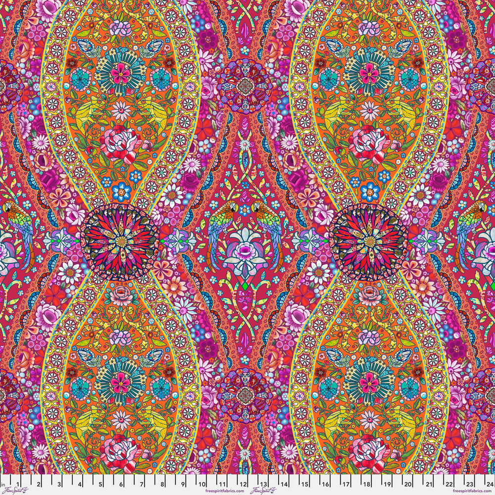 PALAZZIO ROSE Murano collection by Odile Bailloeul inspired mosaics and marble, animals with flowers and cracked floors of palaces and castles. reds blues teals and greens available at 2 sew textiles art quilt supplies