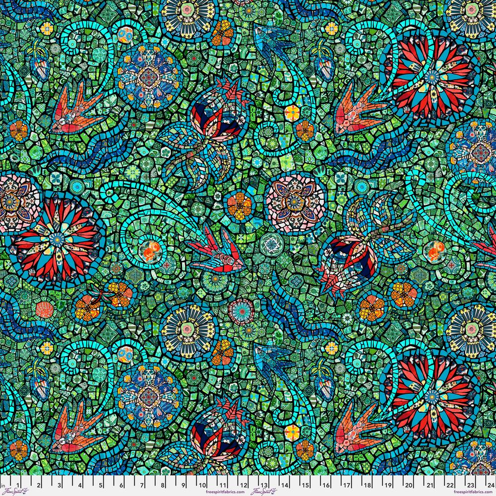 DANIELE JADE Murano collection by Odile Bailloeul inspired mosaics and marble, animals with flowers and cracked floors of palaces and castles.  reds blues teals and greens  available at 2 sew textiles art quilt supplies