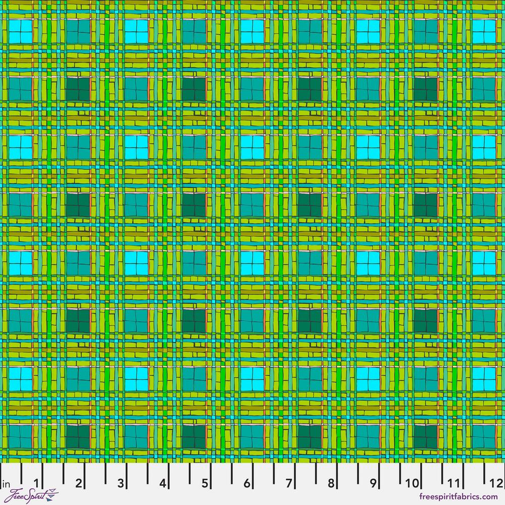 SAN MARCO GREEN CHECKS AND LINES Murano collection by Odile Bailloeul inspired mosaics and marble, animals with flowers and cracked floors of palaces and castles. reds blues teals and greens available at 2 sew textiles art quilt supplies