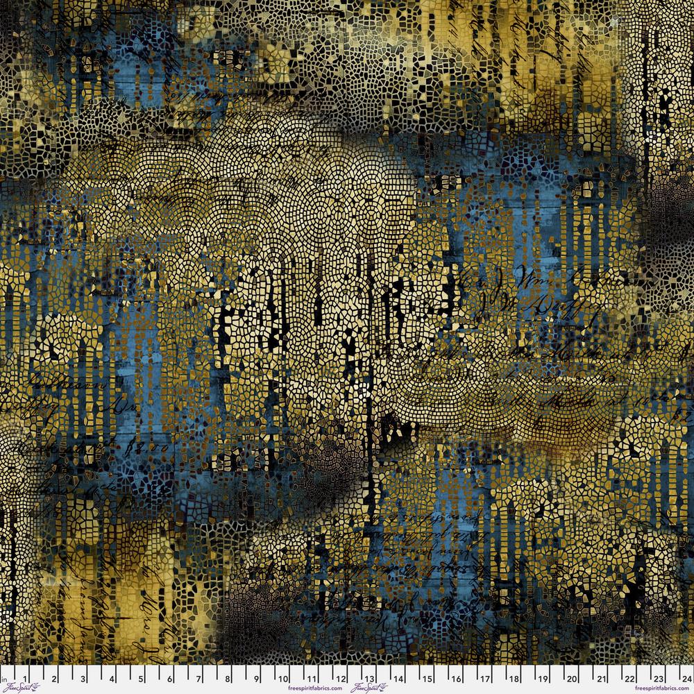 with ruler Tim Holtz Abandoned - Gilded Mosaic blues and golds with text and mosaic pattern. For Free spirit Fabrics PWTH140 GOLD at 2 sew textiles art quilt supplies