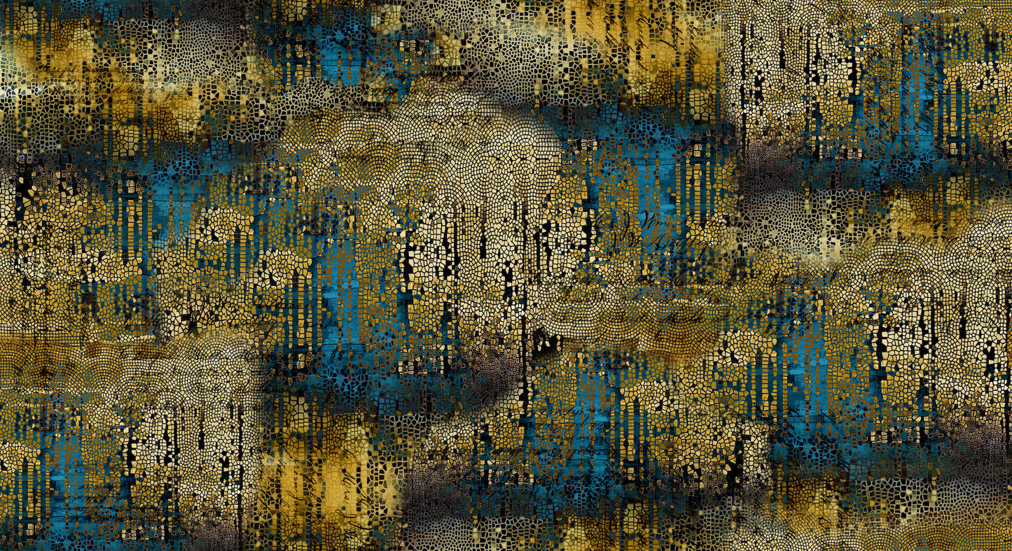 width of fabric Tim Holtz Abandoned - Gilded Mosaic blues and golds with text and mosaic pattern. For Free spirit Fabrics PWTH140 GOLD at 2 sew textiles art quilt supplies