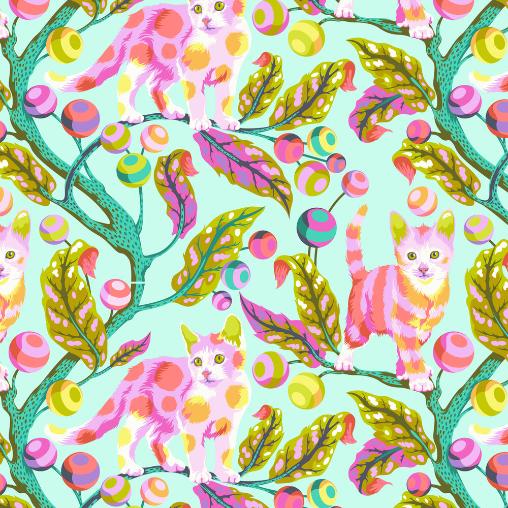 PWTP092 technomint disco kitty pinks purples and teals kittens on branches with balls fabric tabby road DeJa Vu collection by Tula pink at 2sew textiles - art quilt supplies