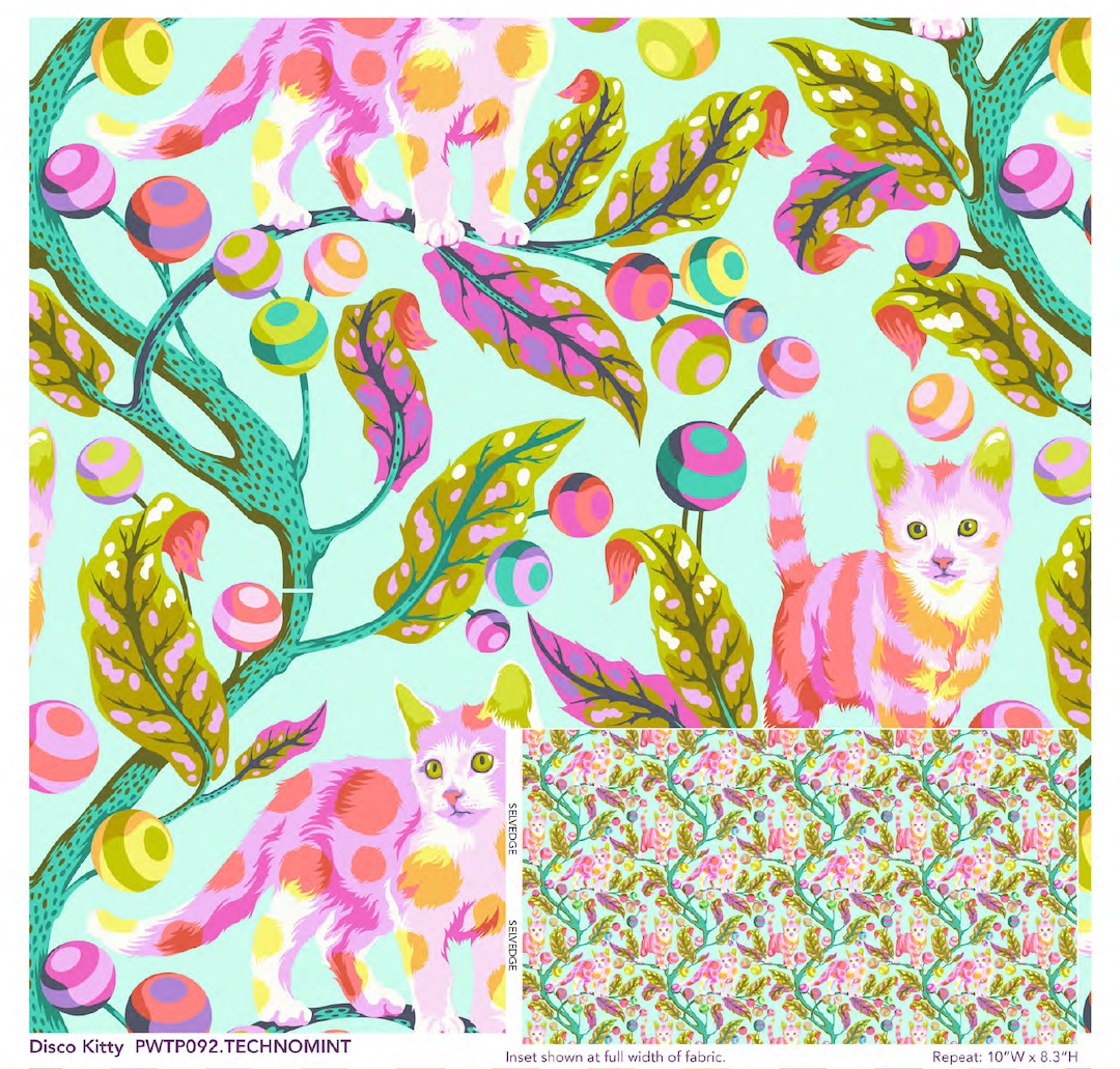 detail and image showing full fabric width PWTP092 technomint disco kitty pinks purples and teals kittens on branches with balls fabric tabby road DeJa Vu collection by Tula pink at 2sew textiles - art quilt supplies