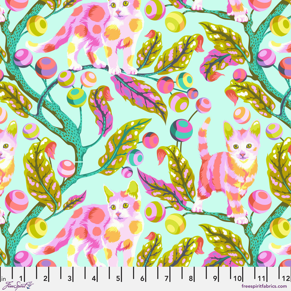 with ruler PWTP092 technomint disco kitty pinks purples and teals kittens on branches with balls fabric tabby road DeJa Vu collection by Tula pink at 2sew textiles - art quilt supplies