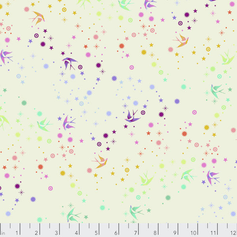 Tula Pink Starling in cotton candy stars and birds in rainbow colours on a cream background 2 sew textiles art quilt supplies