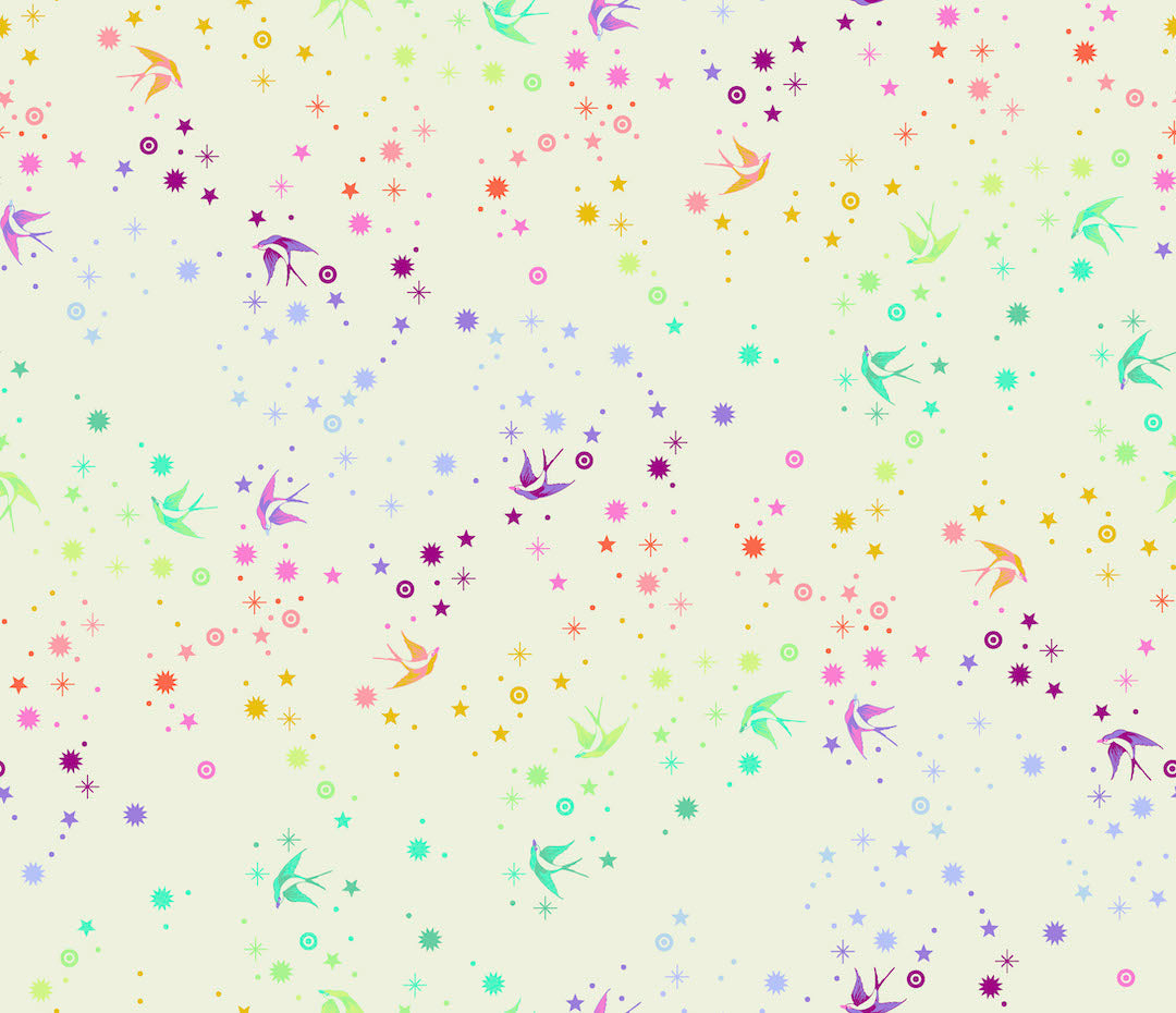 full repeat Tula Pink Starling in cotton candy stars and birds in rainbow colours on a cream background 2 sew textiles art quilt supplies