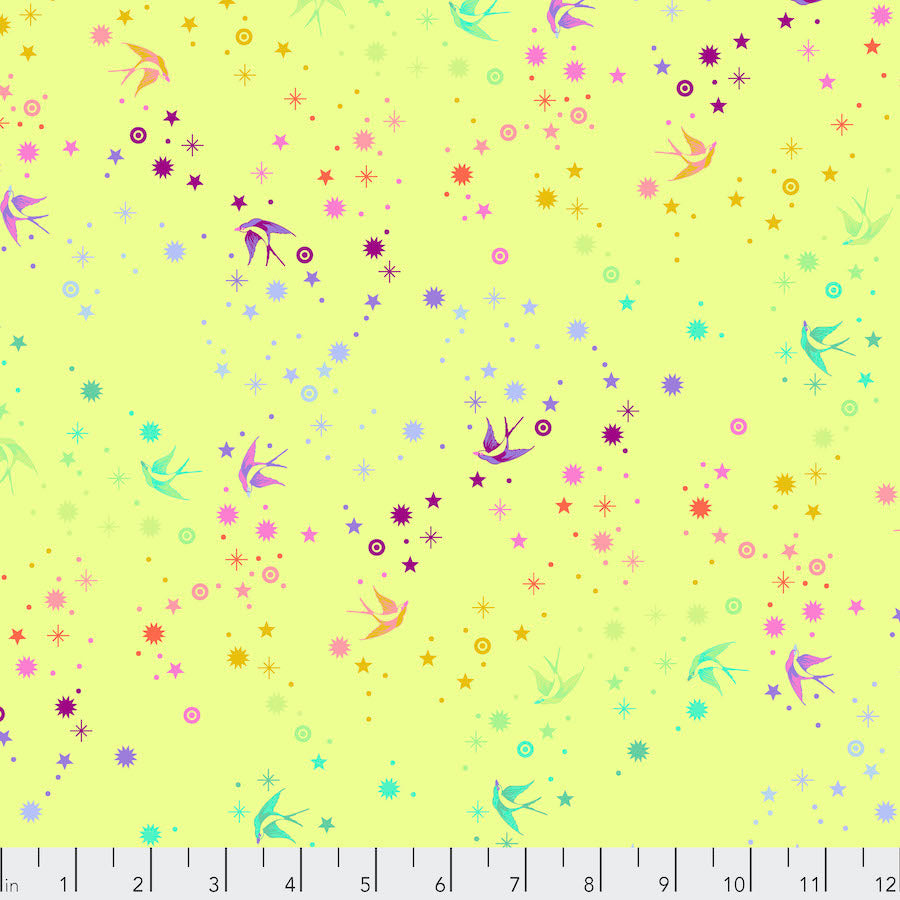 Tula Pink Starling in lime stars and birds in rainbow colours on a yellowy green background 2 sew textiles art quilt supplies