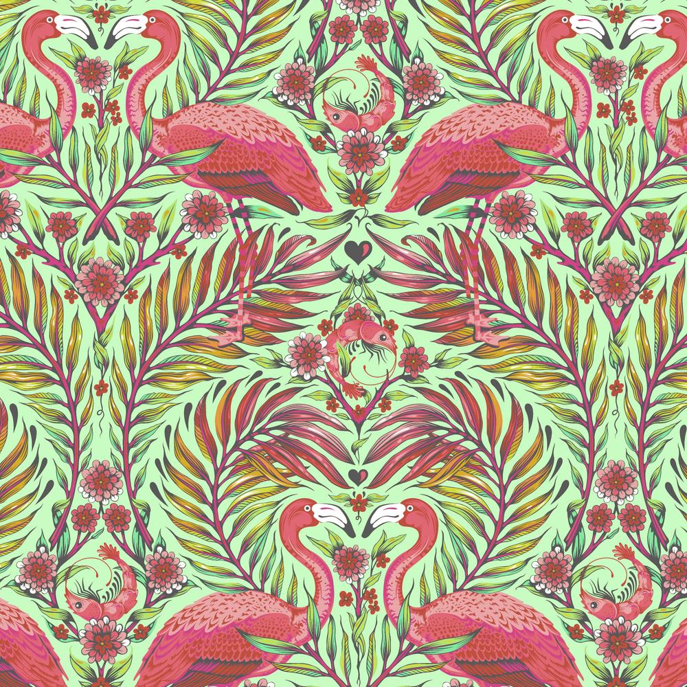 Flamingos with foliage in pink and teal.. and shrimp too. Daydreamer 22pc fat quarter stack by Tula Pink for FreeSpirit fabrics at 2 Sew Textiles art quilt supplies
