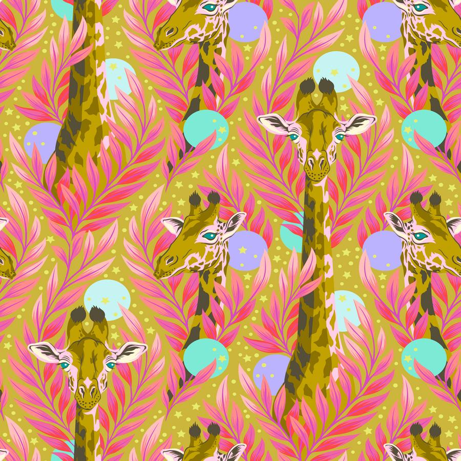 Everglow by Tula brown giraffes with pink leaves and neon accents karma design good hair day - buy the Everglow collections at 2 Sew Textiles - art quilt supplies