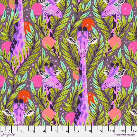 Everglow by Tula Purple giraffes with leaves and neon accents karma design good hair day - buy the Everglow collections at 2 Sew Textiles - art quilt supplies
