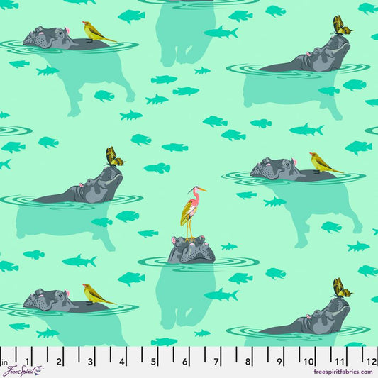 WITH GUIDE RULER My hippos don't lie Everglow by Tula Pink Hippos with butterflies and birds on their noses with GREEN shadows and fish neon from 2 sew textiles art quilt supplies