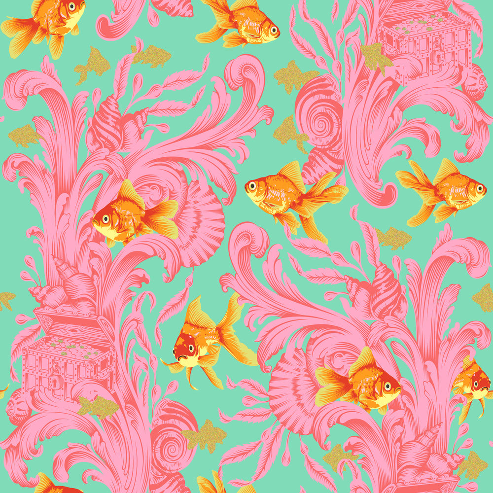 Orange goldfish on a teal background with pink designs and little gold embellishments Tula Pink - Besties - Treading Water - Blossom PWTP214.BLOSSOM at 2 Sew Textiles Art Quilt Supplies