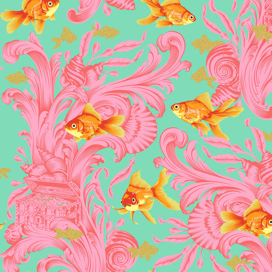 Orange goldfish on a teal background with pink designs and little gold embellishments Tula Pink - Besties - Treading Water - Blossom PWTP214.BLOSSOM at 2 Sew Textiles Art Quilt Supplies