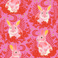 Detail - Pink Bunny rabbits on a pinky red background with pink designs and little gold embellishments Tula Pink - Besties - Treading Water - Blossom PWTP215.BLOSSOM at 2 Sew Textiles Art Quilt Supplies