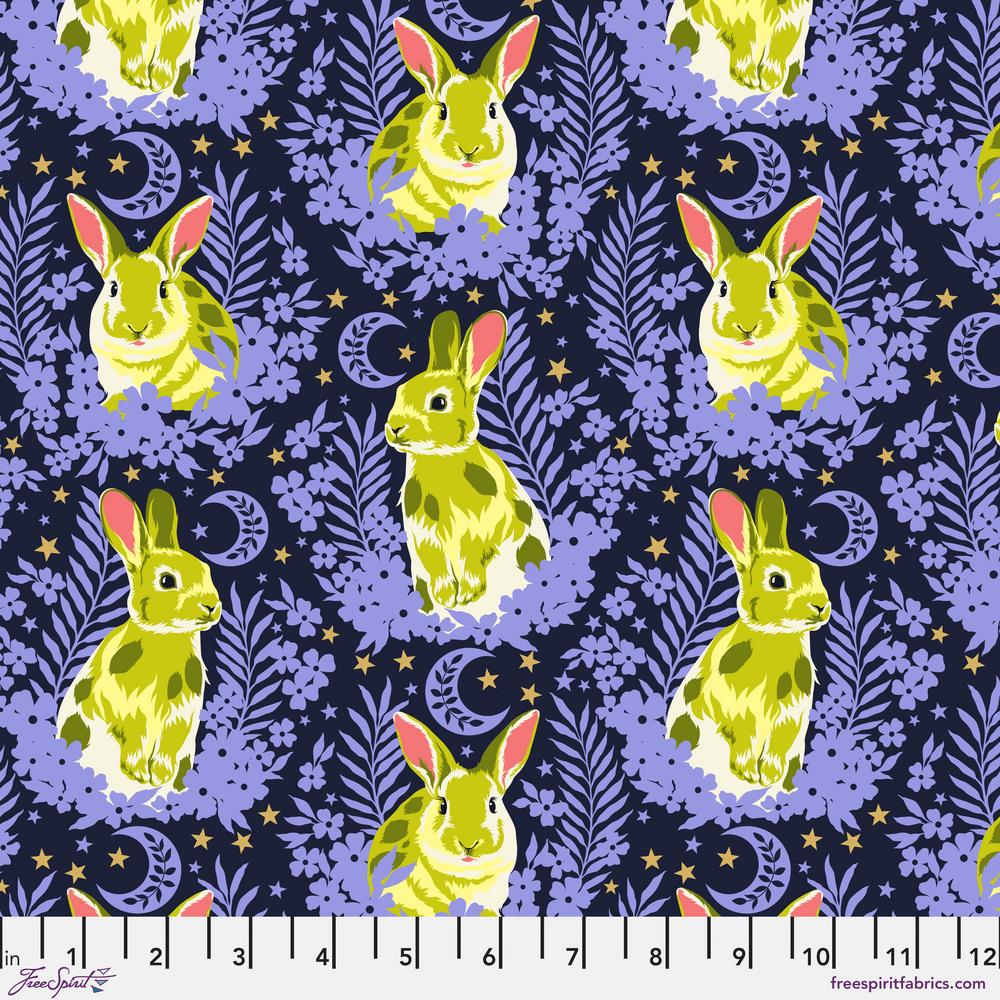 with ruler - Green Bunny rabbits on a purple blue background with pink designs and little gold embellishments Tula Pink - Besties - Treading Water - Bluebell PWTP215.bluebell at 2 Sew Textiles Art Quilt Supplies
