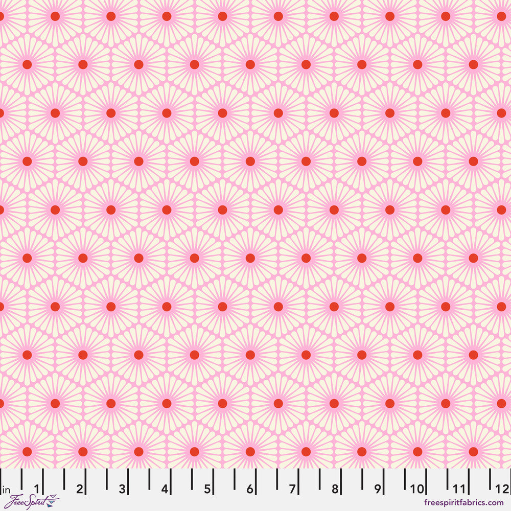 with ruler Pink red and white geometric daisy design w Tula Pink - Besties - Daisy Chain pwtp220.blossom  at 2 Sew Textiles Art Quilt Supplies