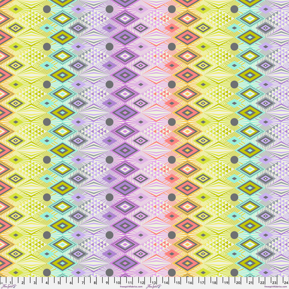 with ruler for scale PWTP232 Prism disco lucy pinks purples and teals diamonds and triangles fabric tabby road DeJa Vu collection by Tula pink at 2sew textiles - art quilt supplies