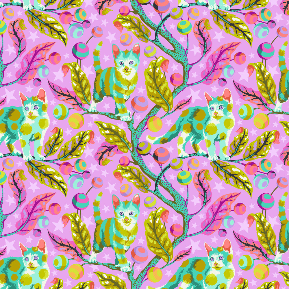 full repeat ptwp233 electroberry club kitty, pinks purples and teals kittens on branched with balls and stars fabric tabby road DeJa Vu collection by Tula pink at 2sew textiles - art quilt supplies
