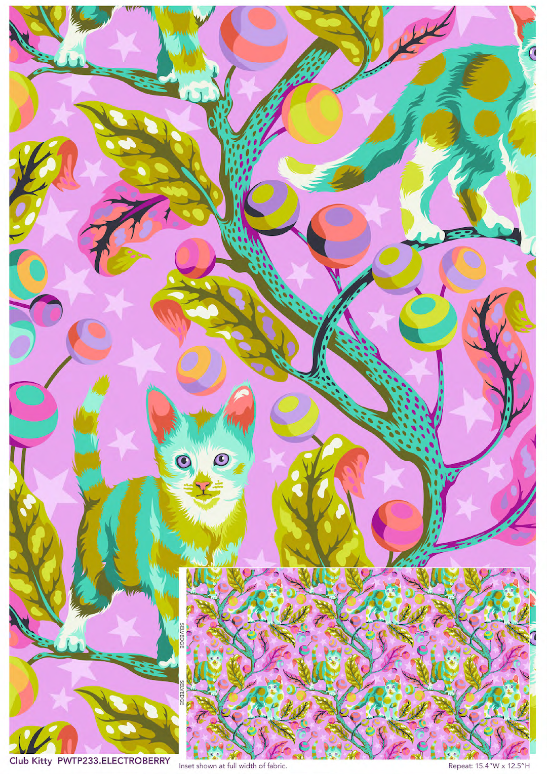 detail with full width view PWTP233 electroberry club kitty pinks purples and teals kittens on branches with balls fabric tabby road DeJa Vu collection by Tula pink at 2sew textiles - art quilt supplies