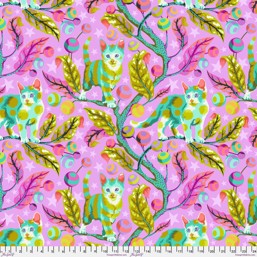 with ruler for scale ptwp233 electroberry club kitty, pinks purples and teals kittens on branched with balls and stars fabric tabby road DeJa Vu collection by Tula pink at 2sew textiles - art quilt supplies