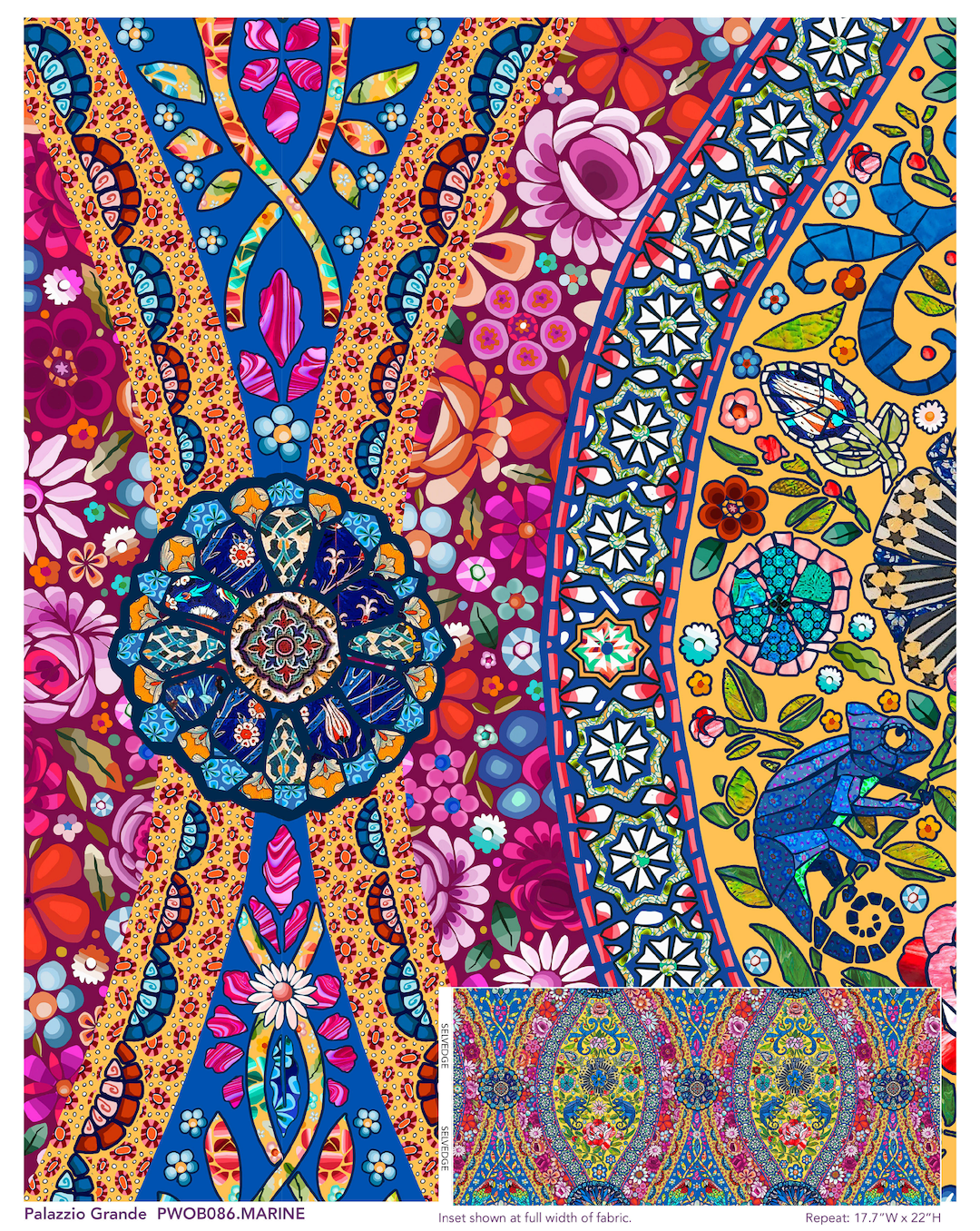 PALAZZIO GRANDE MARINE Murano collection by Odile Bailloeul inspired mosaics and marble, animals with flowers and cracked floors of palaces and castles. reds blues teals and greens available at 2 sew textiles art quilt supplies