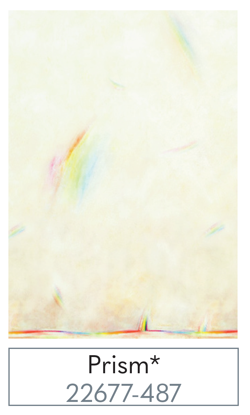 Color swatch with rainbow gradient labeled 'Prism' and code 22677-487 on a beige background