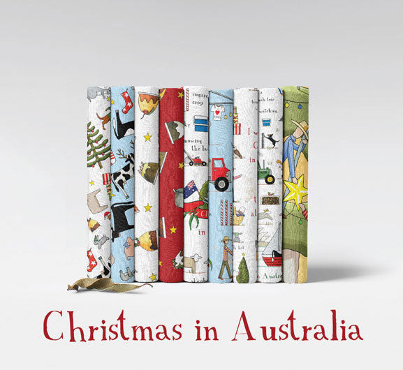 Christmas in Australia quilting craft fabric, cotton, fun xmas range with puddings and pots by Red Tractor Designs at 2 Sew Textiles
